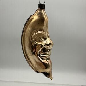 Vintage Czech Republic Gold Metallic Glass Crescent Moon Face Christmas Ornament